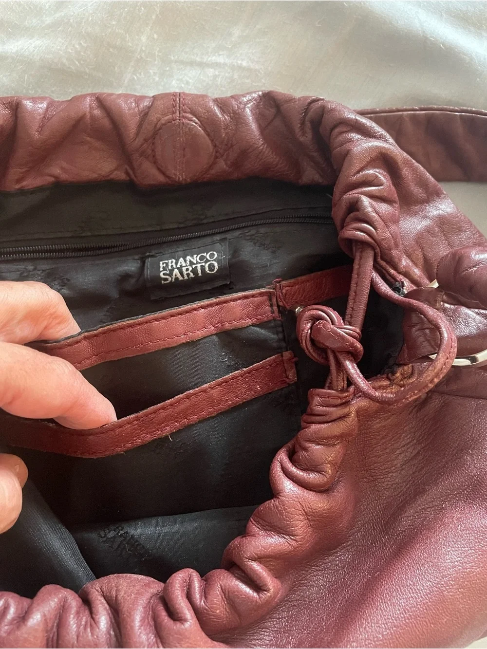 Vintage Franco Sarto Gathered Shoulder Boho Bag in burgundy leather.